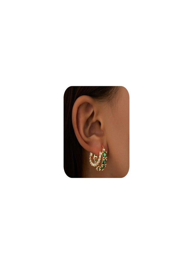 Mesovor Gold Green Zircon Double Hoop Earrings for Women, 14K Gold Plated Square Colored Cubic Zirconia Hoops Earrings Jewelry Gifts (Green) - Image 1